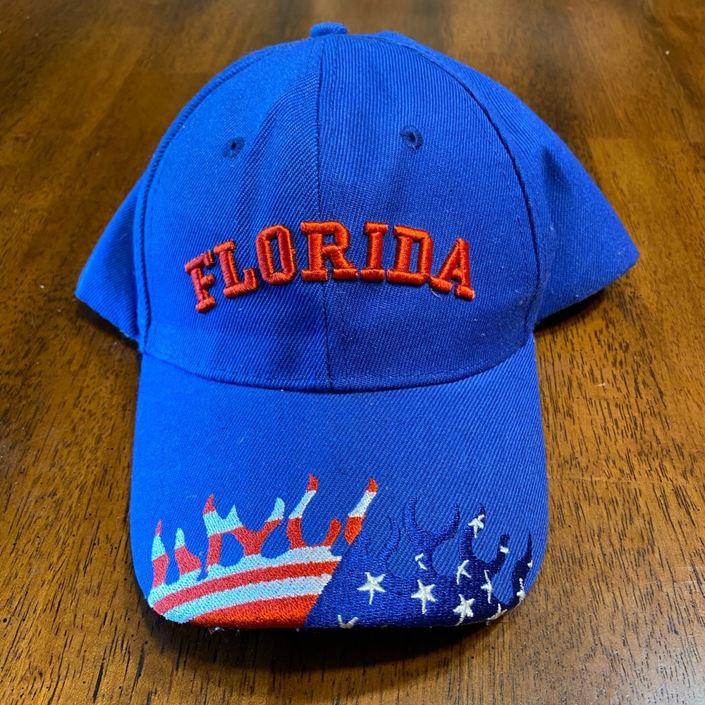 Adjustable Florida hat. Blue with red white and blue accents.